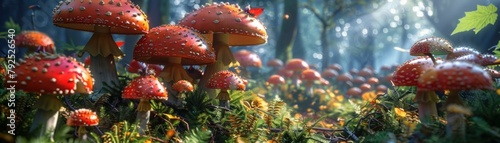 A photo of a realistic amanita muscaria mushroom in a lush green forest with sunlight shining through the trees. photo