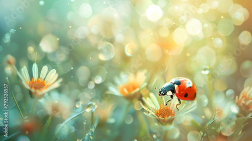 Beautiful red ladybug sitting on a green flower Blur