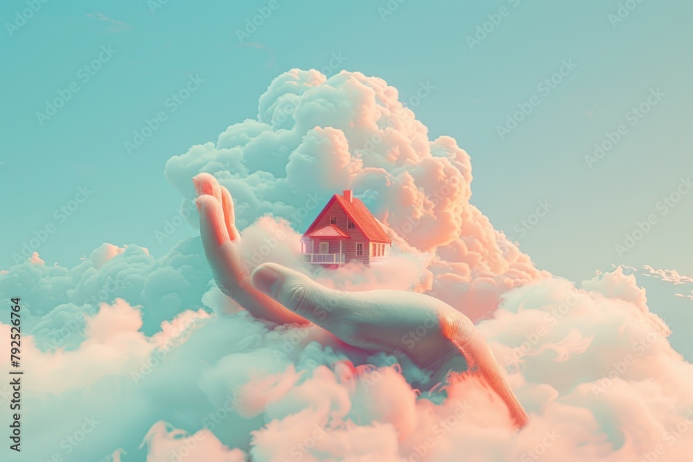 A pink house sitting on a giant hand in the clouds. - obrazy, fototapety, plakaty 