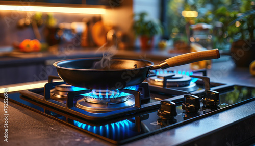 Black pan on gas stove, blue lighting, sleek countertops, modern decor, natural greenery outside, perfect for cooking or dining.generative ai