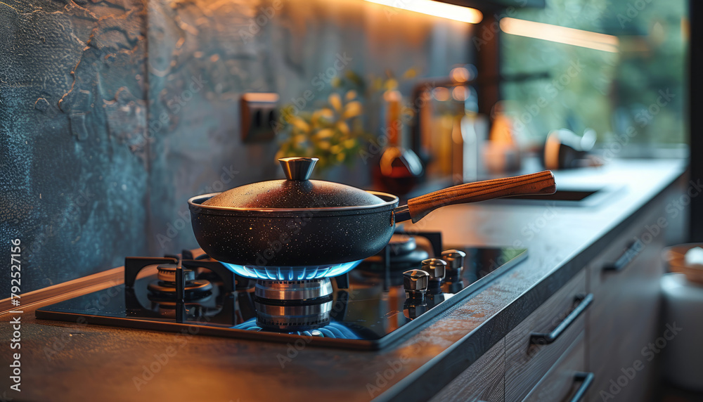 Black pan on gas stove, blue lighting, sleek countertops, modern decor, natural greenery outside, perfect for cooking or dining.generative ai Black pan on gas stove, blue lighting, sleek countertops, modern decor, natural greenery outside, perfect for cooking or dining.generative ai