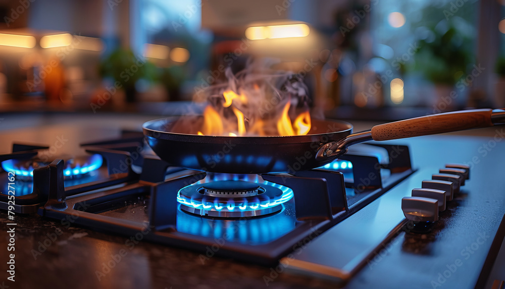 Black pan on gas stove, blue lighting, sleek countertops, modern decor, natural greenery outside, perfect for cooking or dining.generative ai Black pan on gas stove, blue lighting, sleek countertops, modern decor, natural greenery outside, perfect for cooking or dining.generative ai