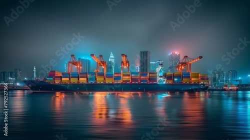 A colorful shipping cargo containers on a large ship entering a port in big city at night