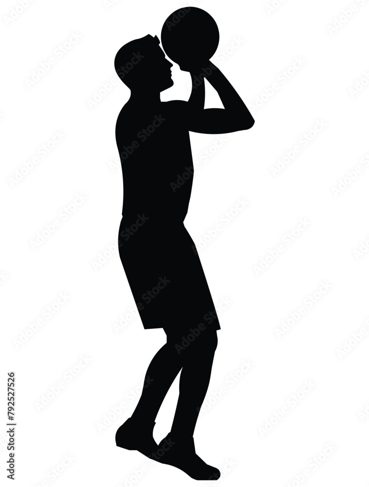 Black silhouette of a basketball player who jumps on the spot and throws the ball with two hands