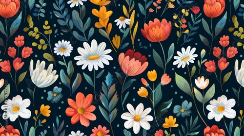 Colorful summer wildflowers, daisies and tulips with green leaves on a dark background