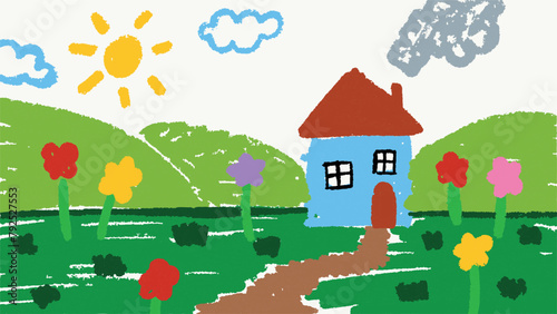 Kids drawing vector illustration of a cute landscape nature, kindergarten cute fun hand drawn doodles playful drawings  © Levin