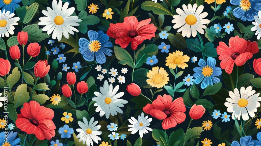 Colorful summer wildflowers, daisies and tulips with green leaves on a dark background