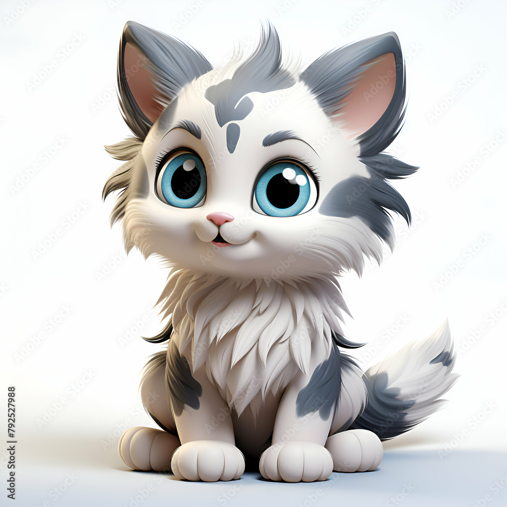 Fototapeta premium Cute cartoon cat sitting on white background. 3D rendering.