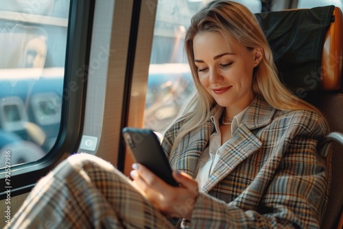 A fashionable businesswoman sit in a high speed rail and looking at her phone, Working in the train