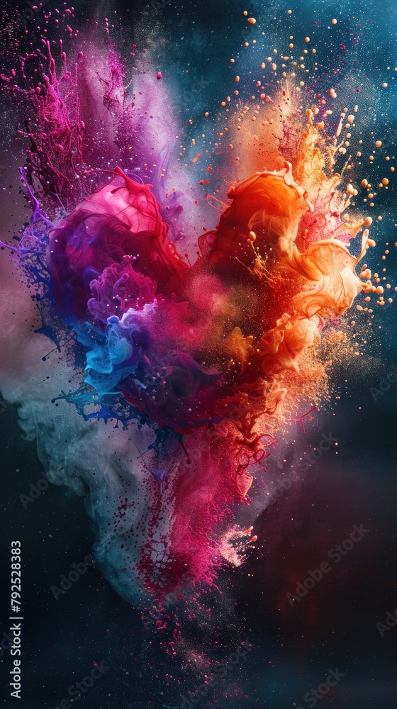 Colorful powder explosion in the shape of a heart