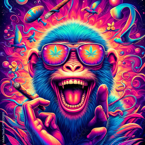 Digital art of a psychedelic cool monkey with sunglasses smoking a blunt