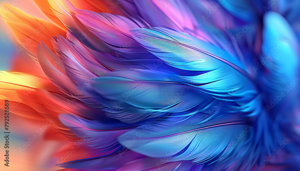 Feathers spread like flowers. colorful, blue,generative ai Feathers spread like flowers. colorful, blue,generative ai