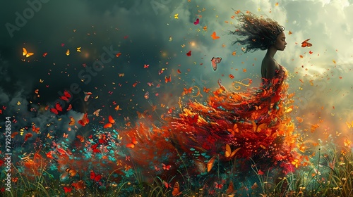 A beautiful black woman stands in a field of flowers. She is wearing a dress made of orange and yellow flowers. The wind is blowing her hair and the flowers in her dress are blowing in the wind. There