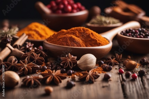 'spices ingredients cooking wooden food background spice table healthy top ingredient view concept diet kitchen herb rustic fresh pepper banner organic green colours nourishment making cookery eatery' photo