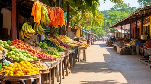 A vibrant array of fresh fruits and vegetables on display at a bustling market