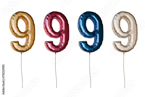 Number nine shaped foil balloons in different colors. Isolated on transparent background.