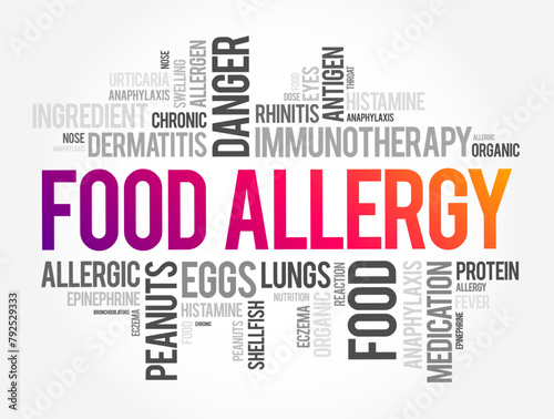 Food Allergy is an immune system reaction that occurs soon after eating a certain food, word cloud concept background