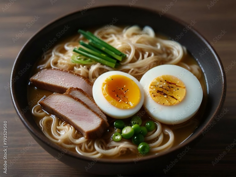 The noodles are thick and chewy, and the broth is a deep brown color.