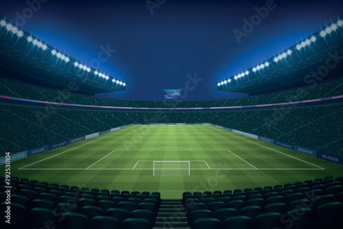 Modern Soccer Stadium Illuminated by Floodlights at Night