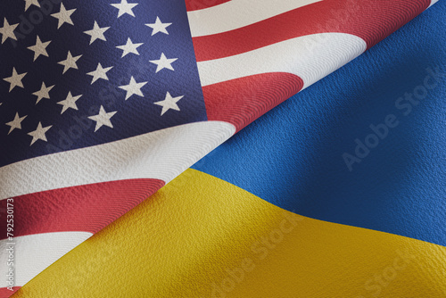 USA and Ukraine flags over each other. Partnership and negotiation concept. 3D rendered illustration.