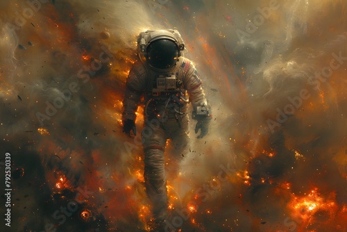 Man in Space Suit Walking Through Field of Fire. Generative AI © D