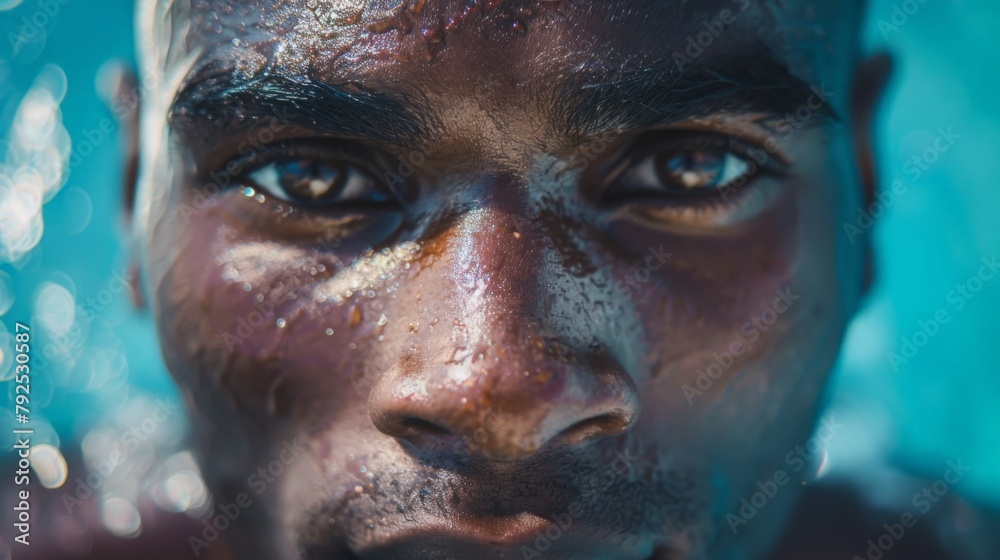 A close-up portrait of a Black man with a serene expression, his eyes reflecting a calm inner ocean