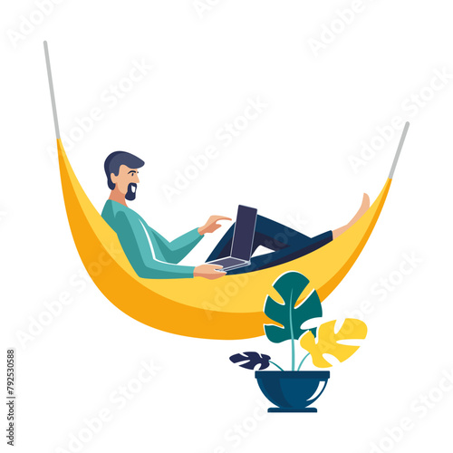 An employee man lies in a hammock, a freelancer works at home on a laptop. Work at home, coworking, concept illustration. People are isolated, self-employed. Active recreation, work.Vector, flat style