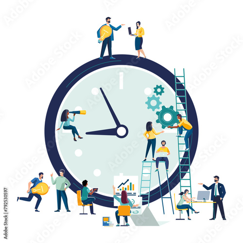 Creative team with big analog clock. Business concept, businessman. Teamwork in new business development. People are isolated, self-employed. Active recreation, work, creative idea.Vector illustration