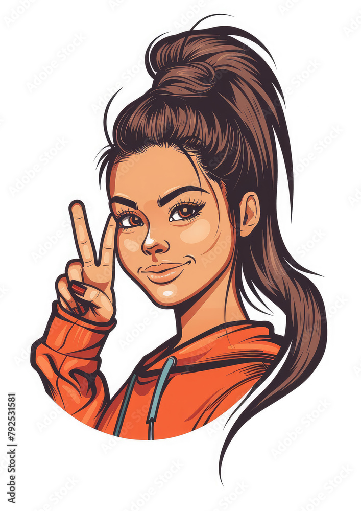 cute smiling young woman showing peace sign on white background, girl, lady, teenager, gesture, illustration, drawing, hand, casual wear, portrait, logo, hair, tail, fashion, style, art cute smiling young woman showing peace sign on white background, girl, lady, teenager, gesture, illustration, drawing, hand, casual wear, portrait, logo, hair, tail, fashion, style, art