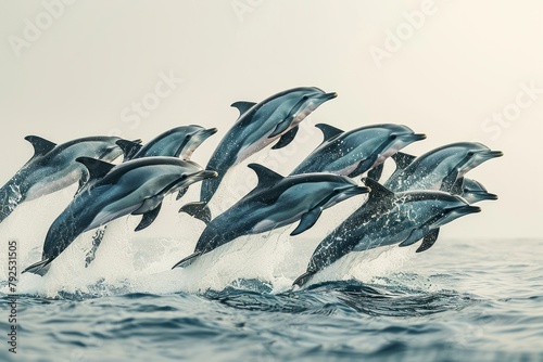 A pod of dolphins jumping out of the water. photo