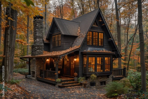 A secluded cabin nestled in the woods during the fall season.