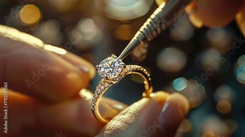 close-up of a jeweler carefully inspecting a sparkling diamond ring set in gleaming gold, highlighting the exquisite detail and craftsmanship of fine jewelry.