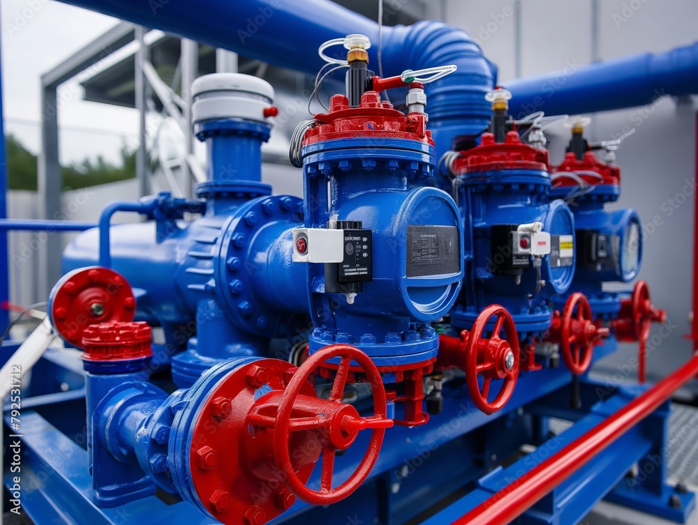 Blue pipeline with red valves and meters, focus on industrial flow control and regulation.