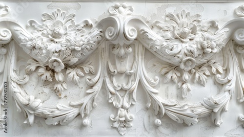Ornate white plaster relief on wall. Classical architecture detail.