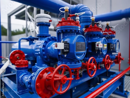 Blue pipeline with red valves and meters, focus on industrial flow control and regulation.