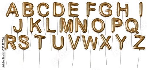 Many alphabet letter shaped golden balloons made of foil. Isolated on transparent background.