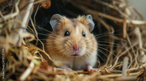 curious hamster peering out from its cozy nest, its whiskers twitching with anticipation as it explores its surroundings.