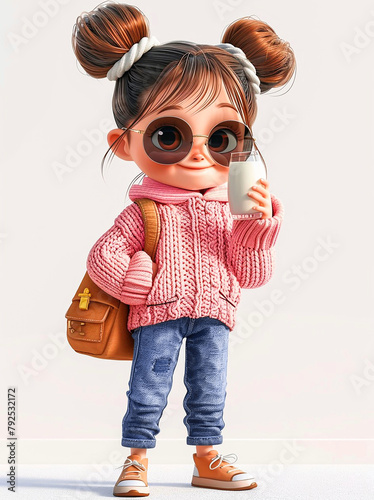 cute little girl wearing sunglasses, a pink sweater and jeans is drinking milk with an adorable expression.