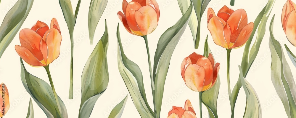 A seamless pattern of orange tulips with green leaves A seamless pattern of orange tulips with green leaves