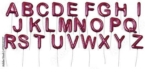 Many alphabet letter shaped red balloons made of foil. Isolated on transparent background.