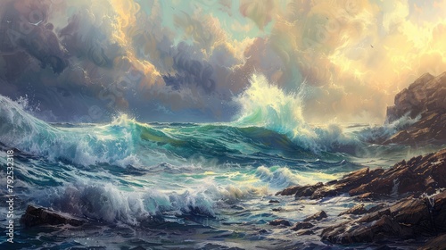 dramatic seascape with towering waves crashing against a rocky shore, the tumultuous aftermath of a powerful storm at sea.