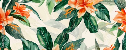 A seamless pattern of orange tulips with green leaves #792532323
