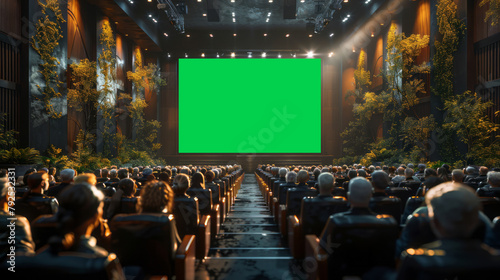 an ultrarealistic mockup of a modern congress with a greenscreen screen, full audience,generative ai photo