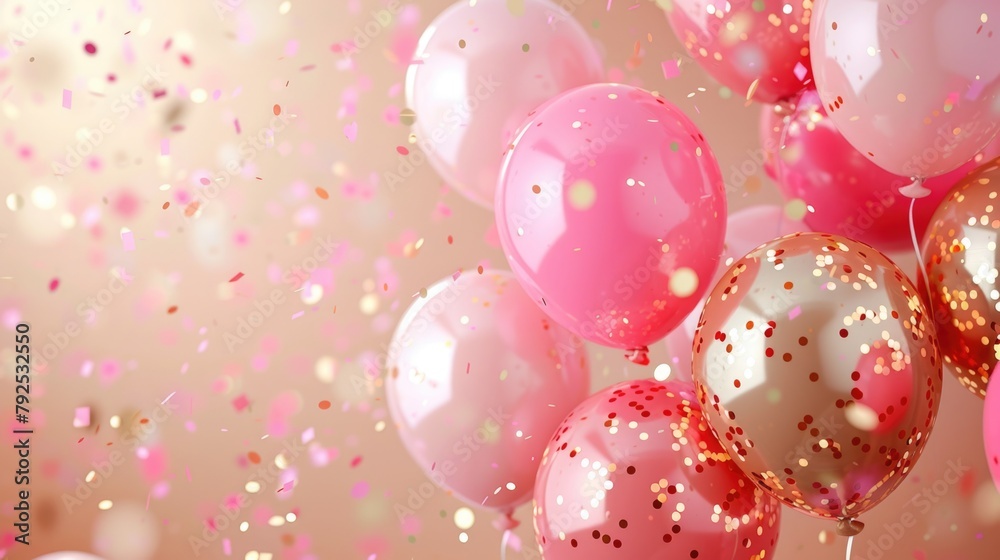 Pink and gold balloons with confetti on a sparkling background.
