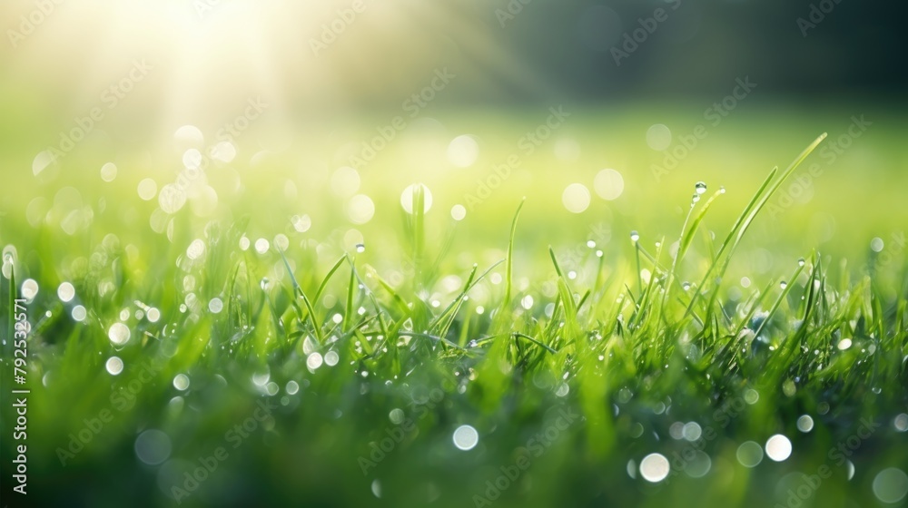 Dew on fresh green grass with morning sunlight.