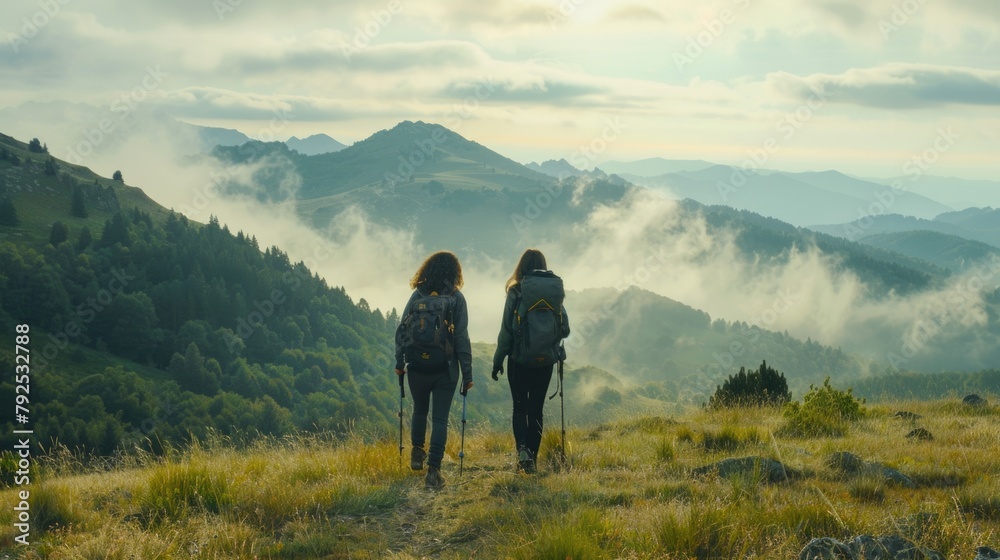 Two hikers walking on mountain trail at dawn with misty landscape.