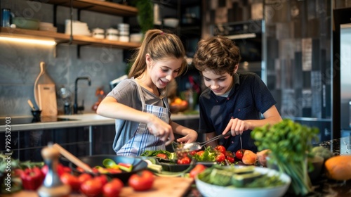 Children preparing salad in modern kitchen. National Siblings Day