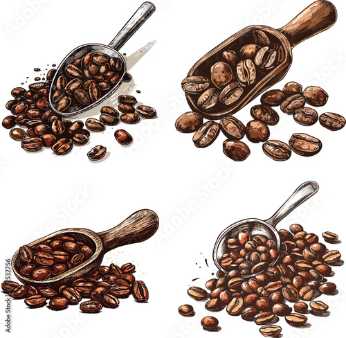 Color engraving raster Illustration set of Coffe beans with scoop isolated on white background