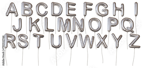 Many alphabet letter shaped silver balloons made of foil. Isolated on transparent background.
