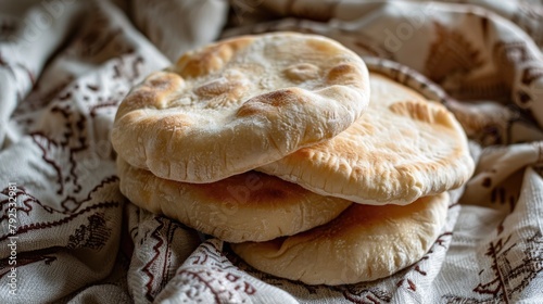 Stack of fresh pita bread on embroidered cloth. photo